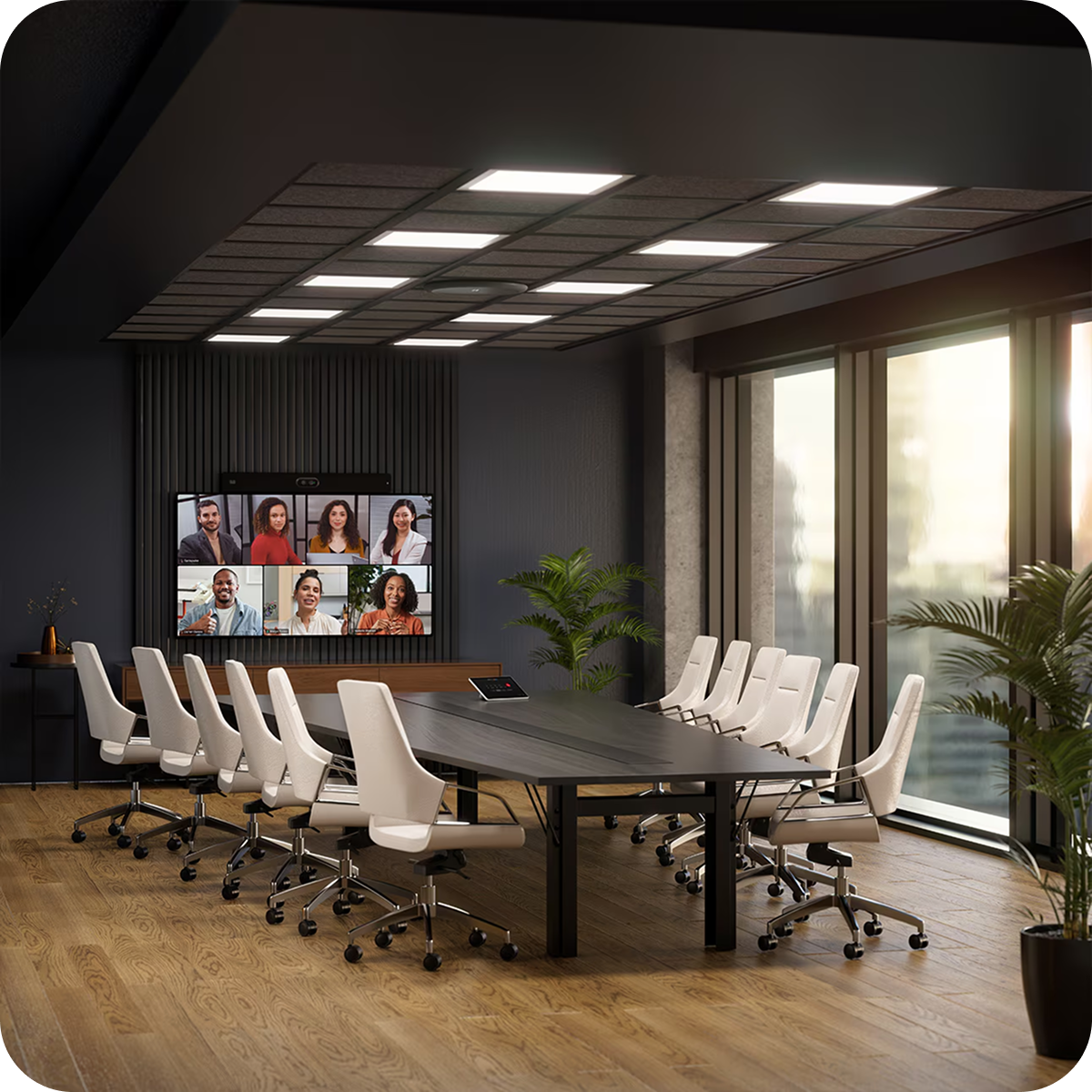 一间摆放着桌椅的会议室,桌椅朝向大屏幕,屏幕上正显示进行中的 Webex 会议。